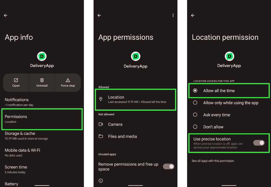 DeliveryApp - Change location settings in Android OS