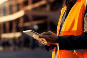 site worker in high vis with tablet