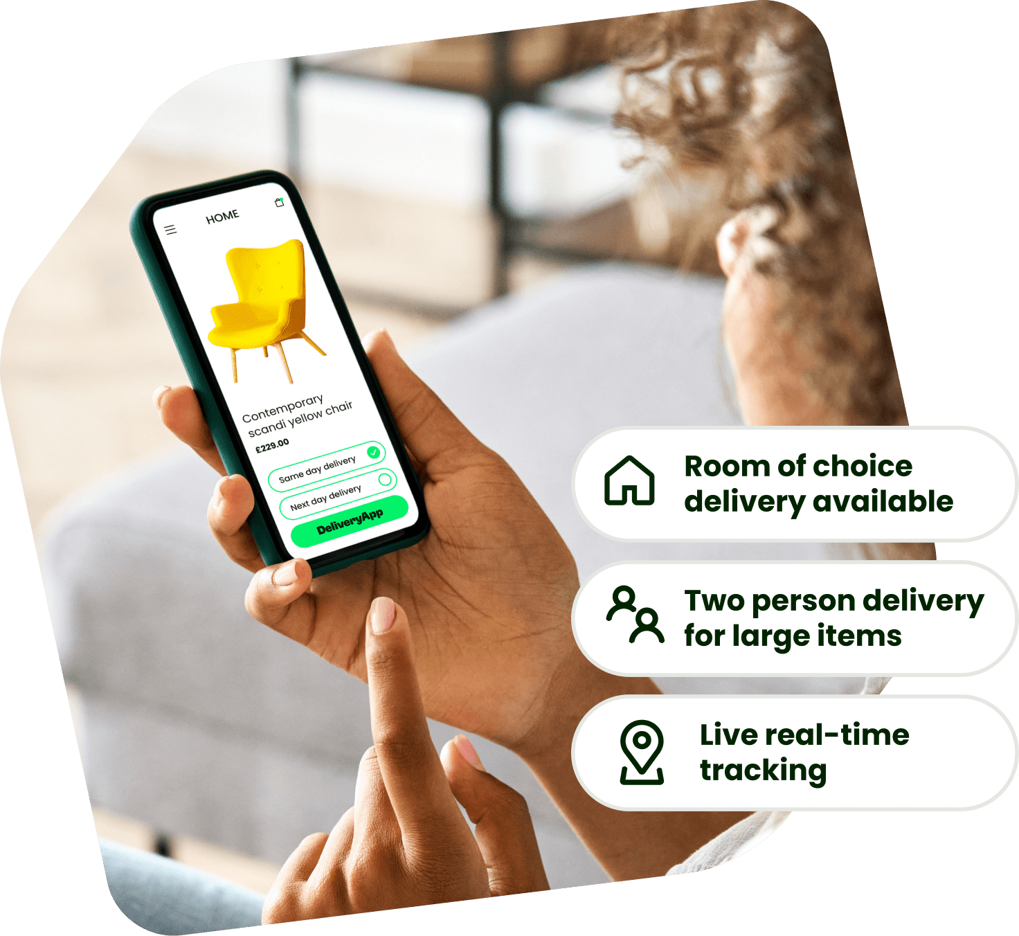 Room of choice delivery, two person delivery, live real-time tracking